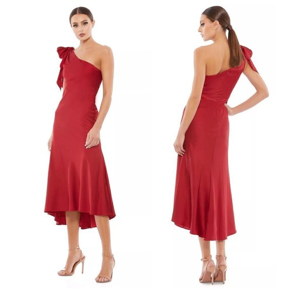MAC DUGGAL One-Shouder Bow Satin Midi A-Line Dress in Deep Red Size US 8 - Picture 1 of 9